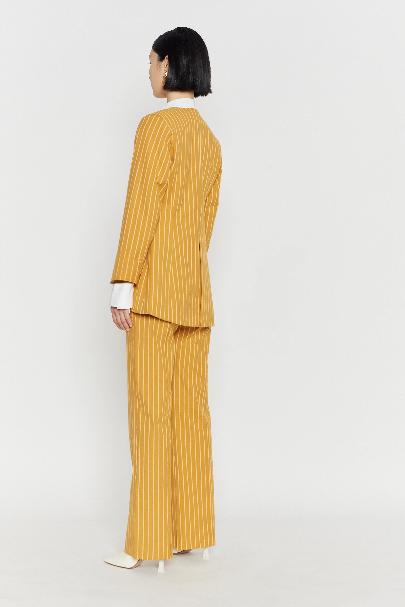 Mustard Striped Fitted Long Blazer