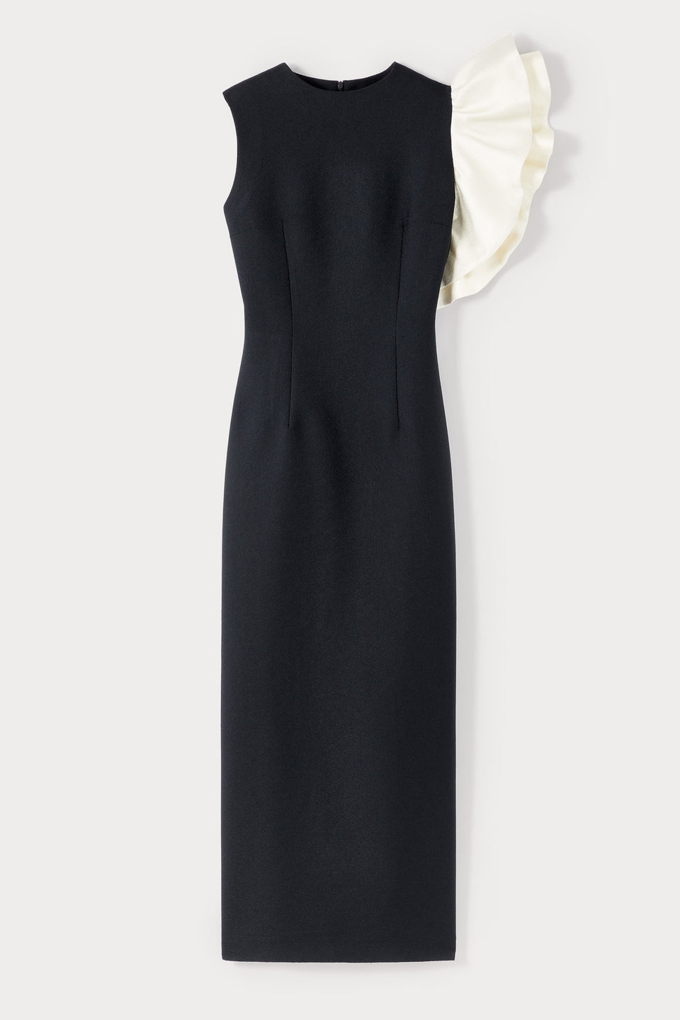 Black & White crepe Midi Dress with Asymmetric ruffle detail - M Black & White crepe Midi Dress with Asymmetric ruffle detail - M