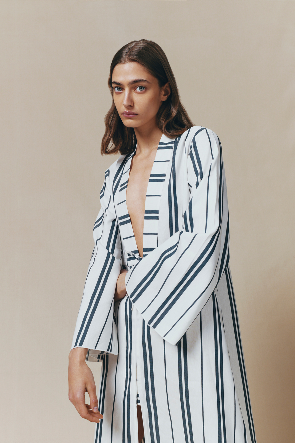 blue and white bell sleeve dress White and blue belted long dress with bell sleeves