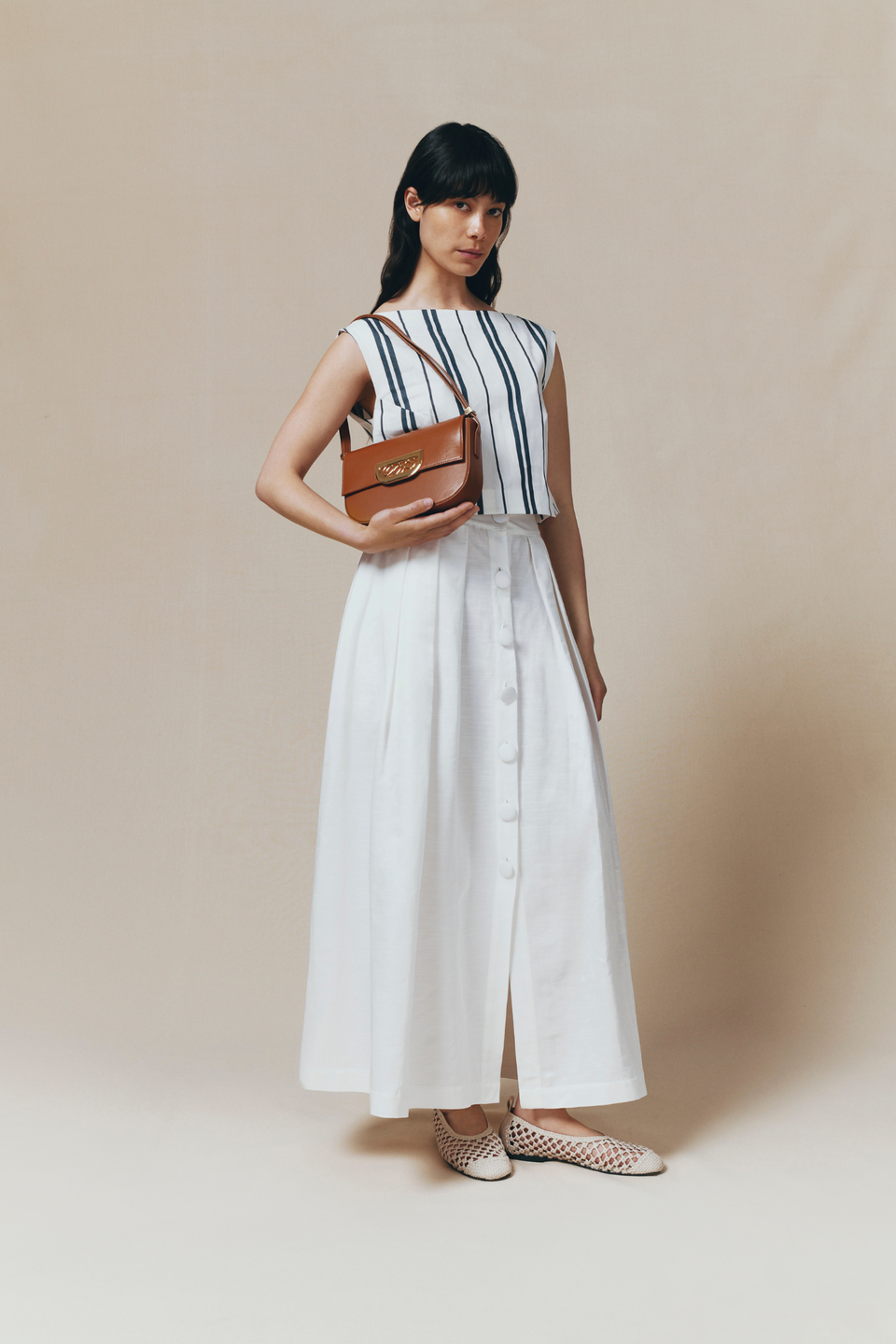 White button-front pleated maxi skirt