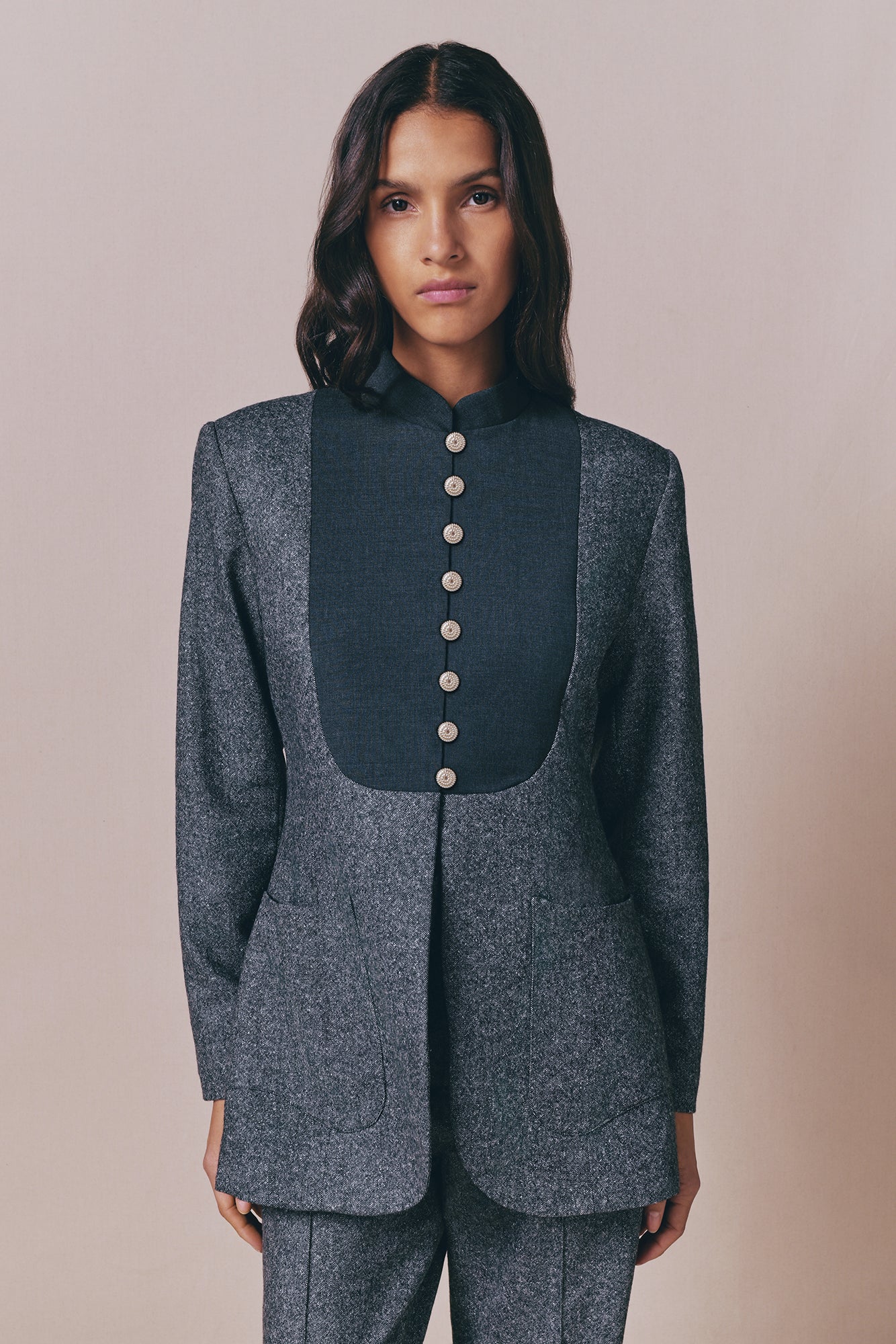 Destree Jacket Grey wool-blend jacket with contrast panel and button details – DESTREE