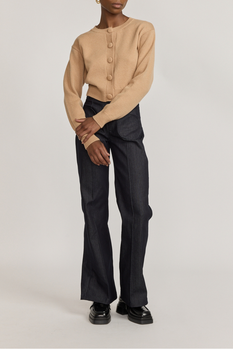 Beige buttoned cropped cardigan – DESTREE - Main Image