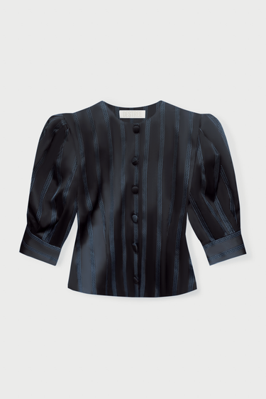 Satin striped blouse with puff sleeves - Black