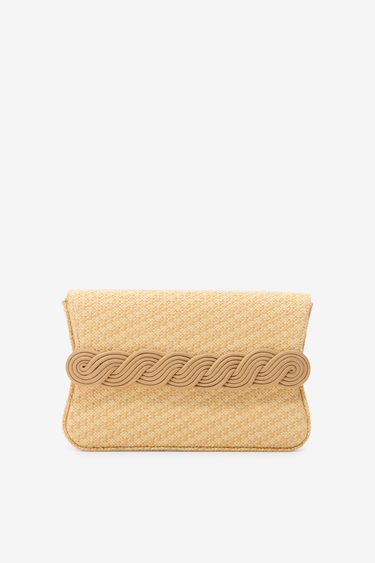 Beige straw clutch with braided passementerie