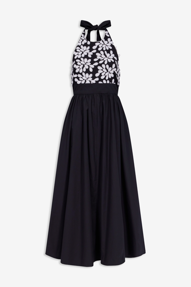 Black cotton midi dress with embroidered floral halter bodice