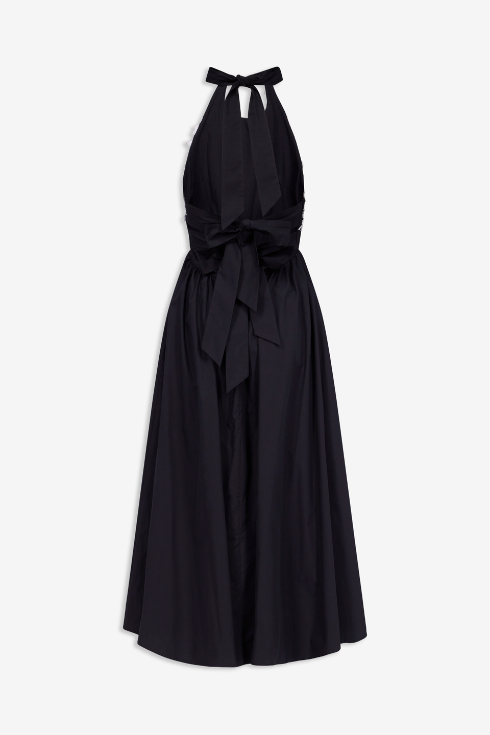 Black cotton midi dress with embroidered floral halter bodice  DESTREE