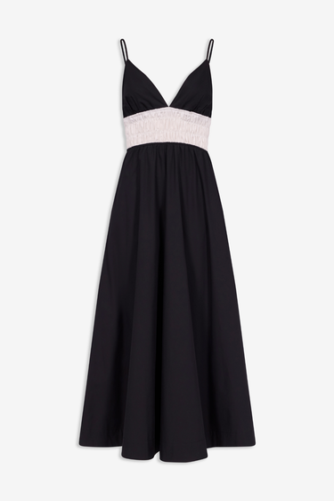Black cotton poplin summer dress with gathered waist detail