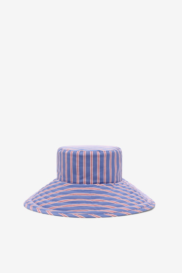 Blue striped cotton wide-brim summer hat with structured silhouette