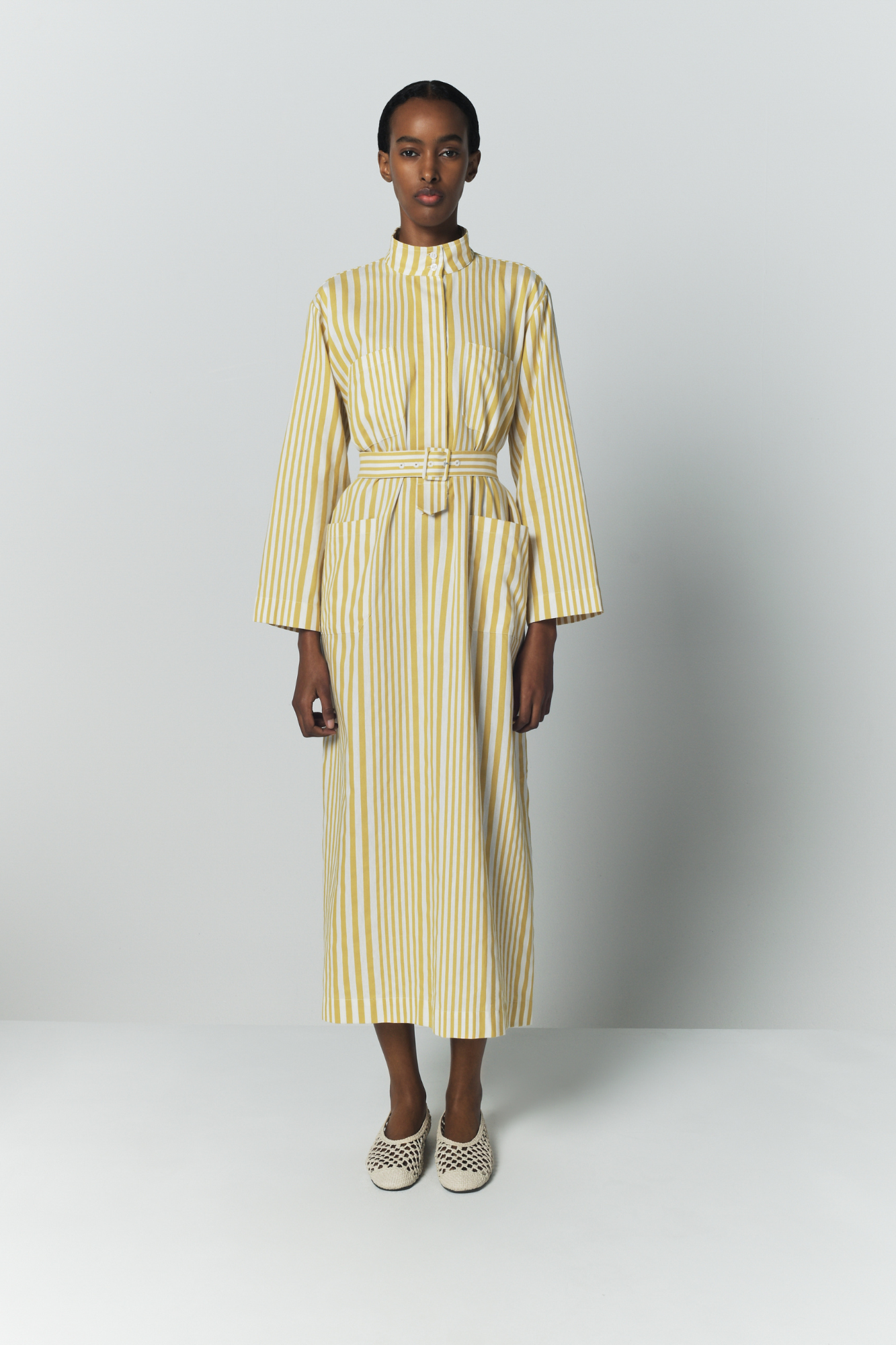 Yellow and White Striped Belted Midi Dress XS