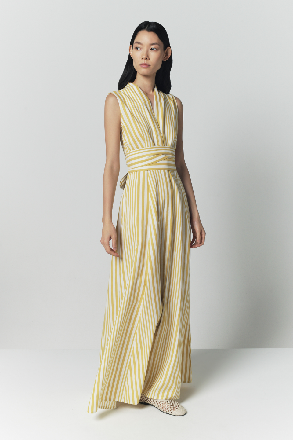 Yellow and White striped long dress with bow detail