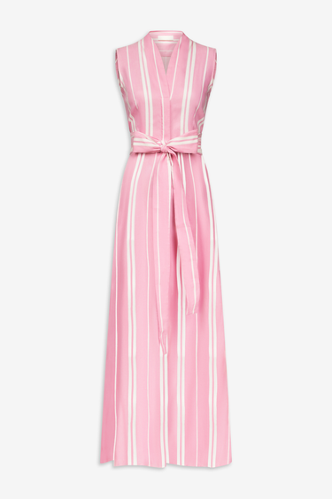 Pink and white striped long dress with bow detail