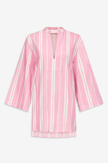 Pink and white striped tunic with V-neckline