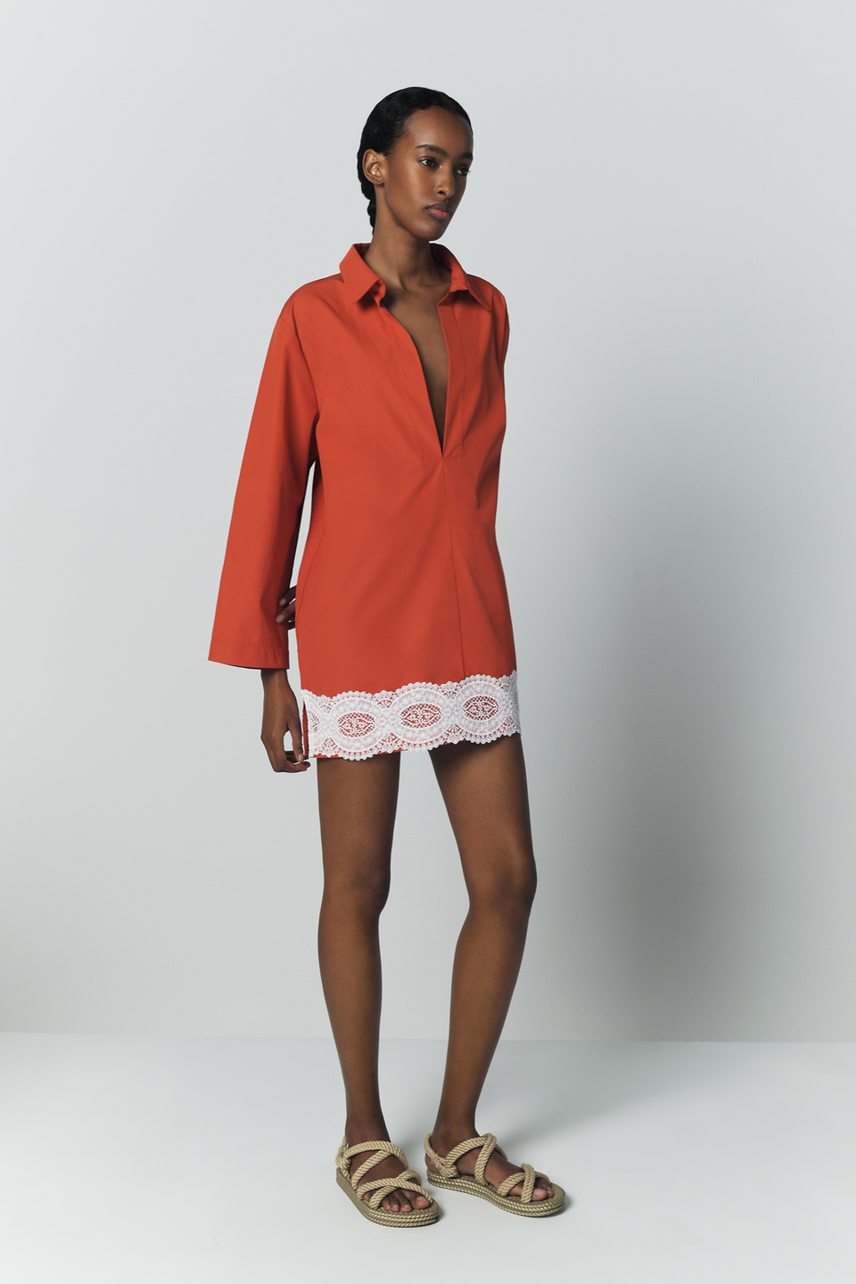 Orange cotton tunic dress with contrast lace trim – DESTREE
