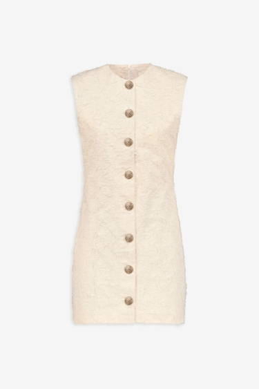 Robe mini ivoire texturée avec détail de fils frangés