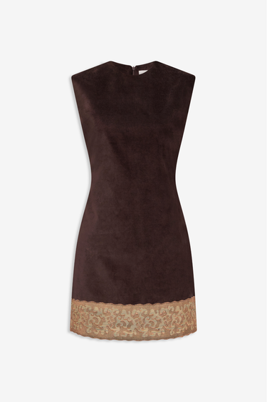 Dark brown velvet dress with lace hem