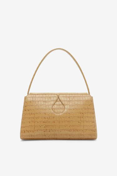 Warm sand leather shoulder bag with croc-embossed finish and drop-shaped detail