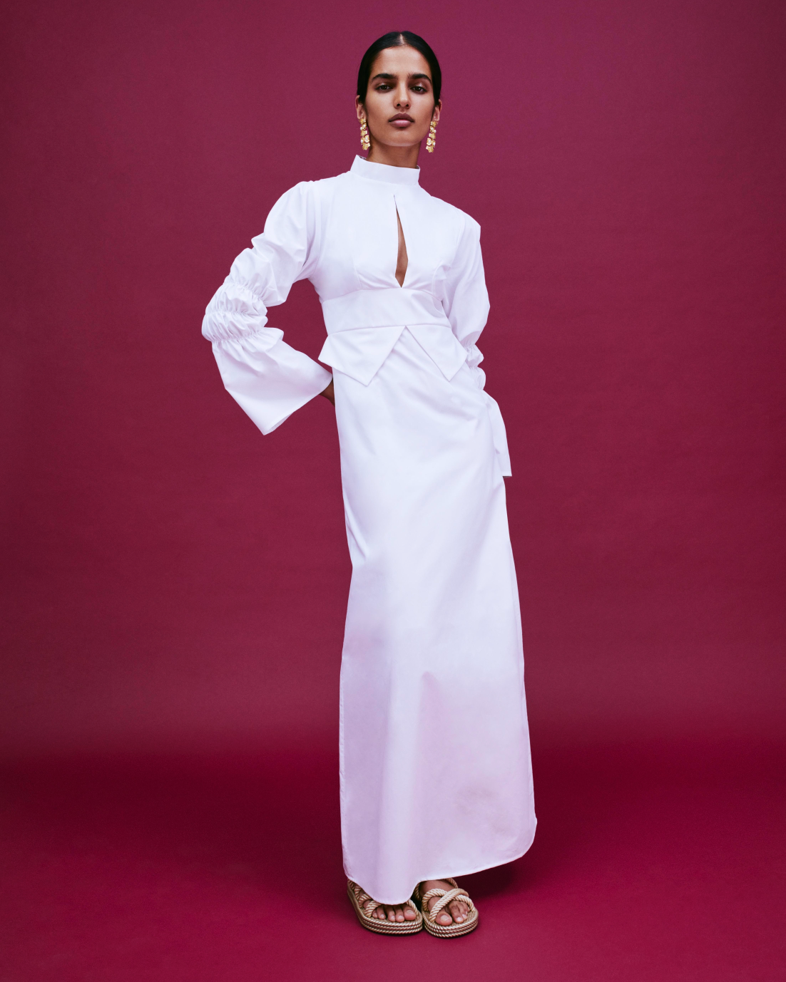White Poplin Maxi Dress with Gathered Sleeves