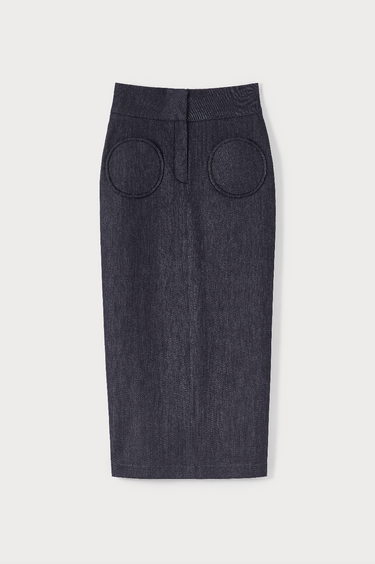 Dark blue denim pencil skirt with circular pockets