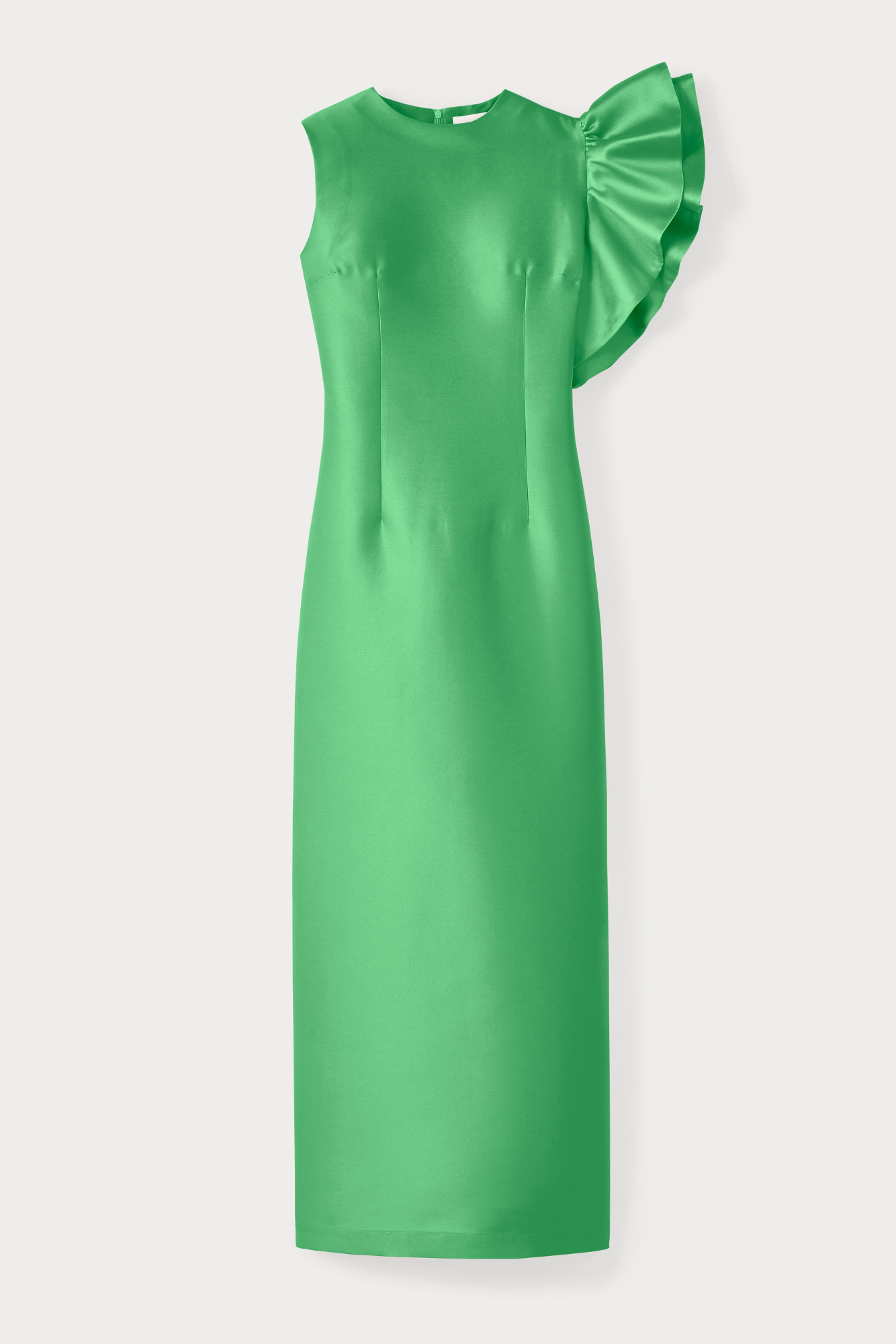 APPLE GREEN Satin Dress with Asymmetric Ruffle Detail