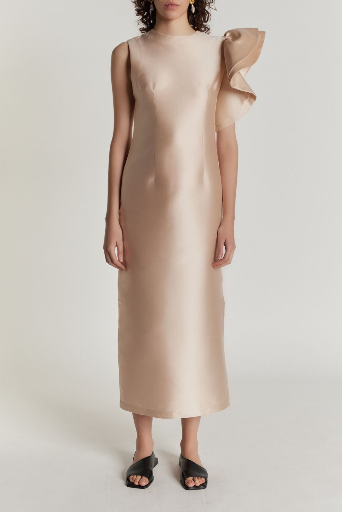 Nude Satin Midi Dress with Asymmetric Ruffle Detail