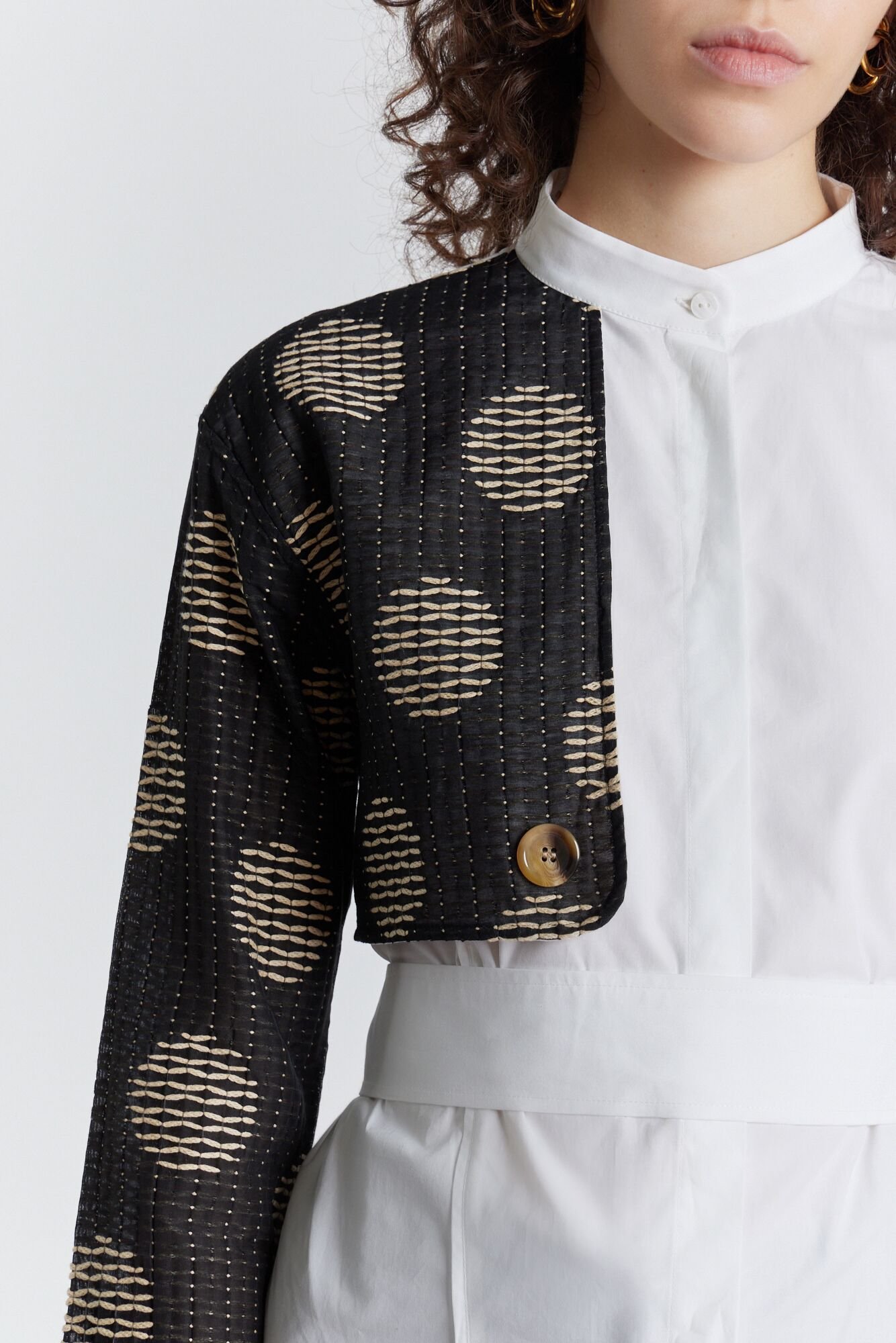 White Shirt with Black Textured Sleeve