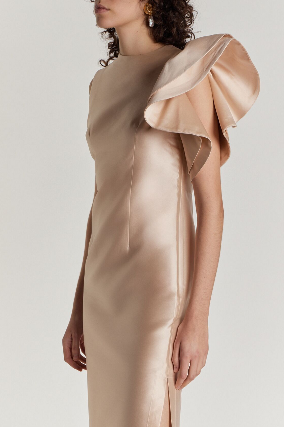 knee length dresses for ladies Nude satin midi dress with asymmetric ruffle detail – DESTREE