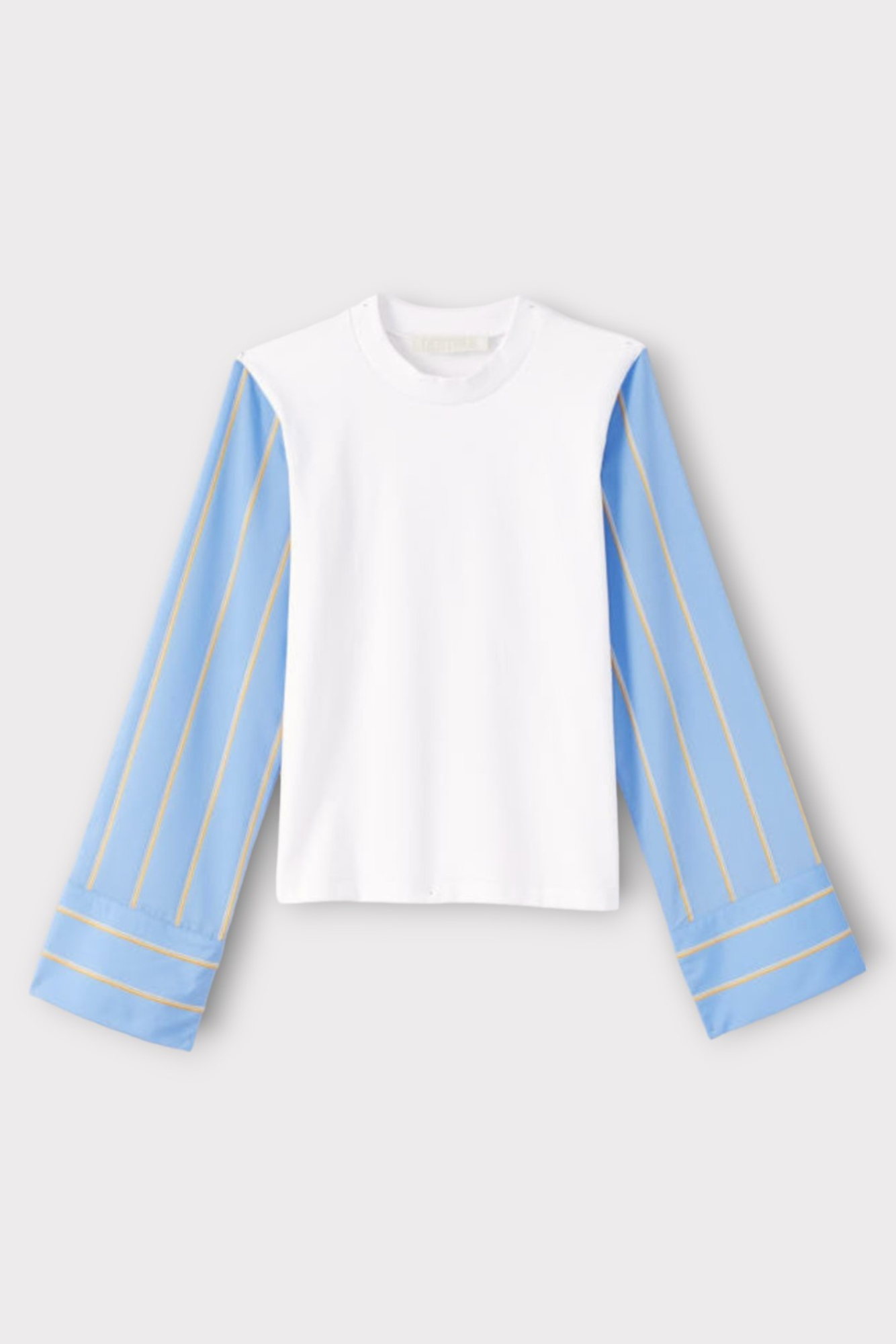 White Long-Sleeve Top with Yellow & Blue Striped Sleeves