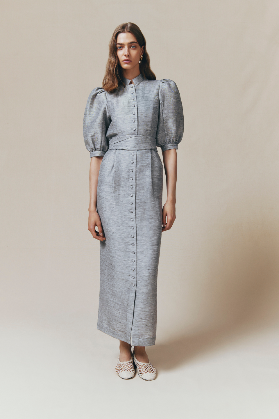 Grey linen puff sleeve long dress
