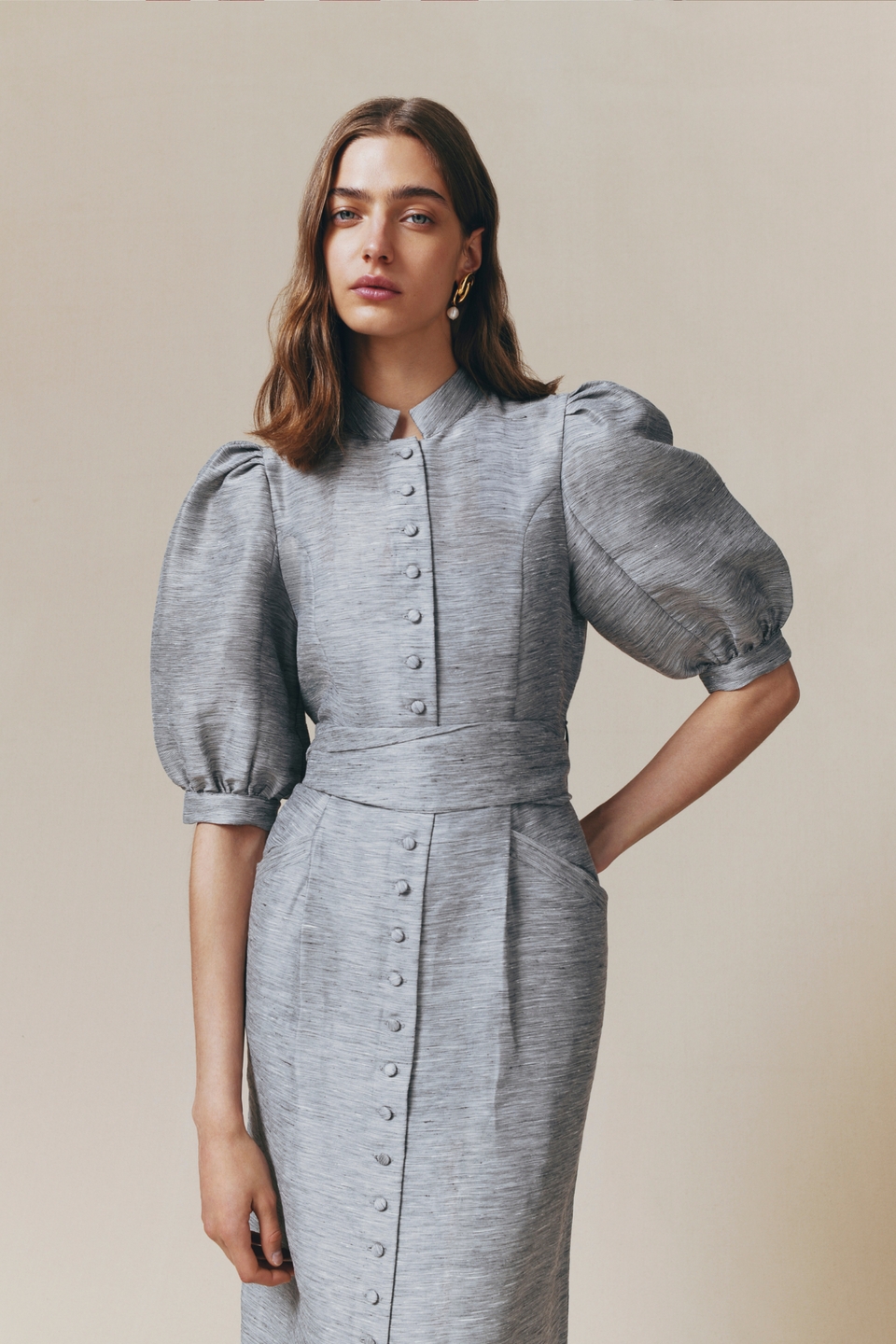 Grey linen puff sleeve long dress - XS Grey linen puff sleeve long dress - XS