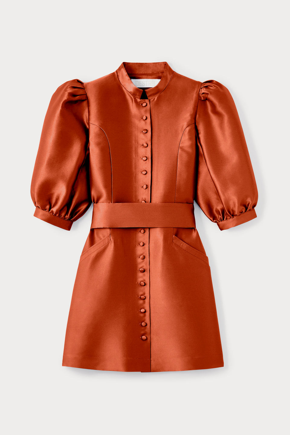 Terracotta satin puff sleeve short dress – DESTREE