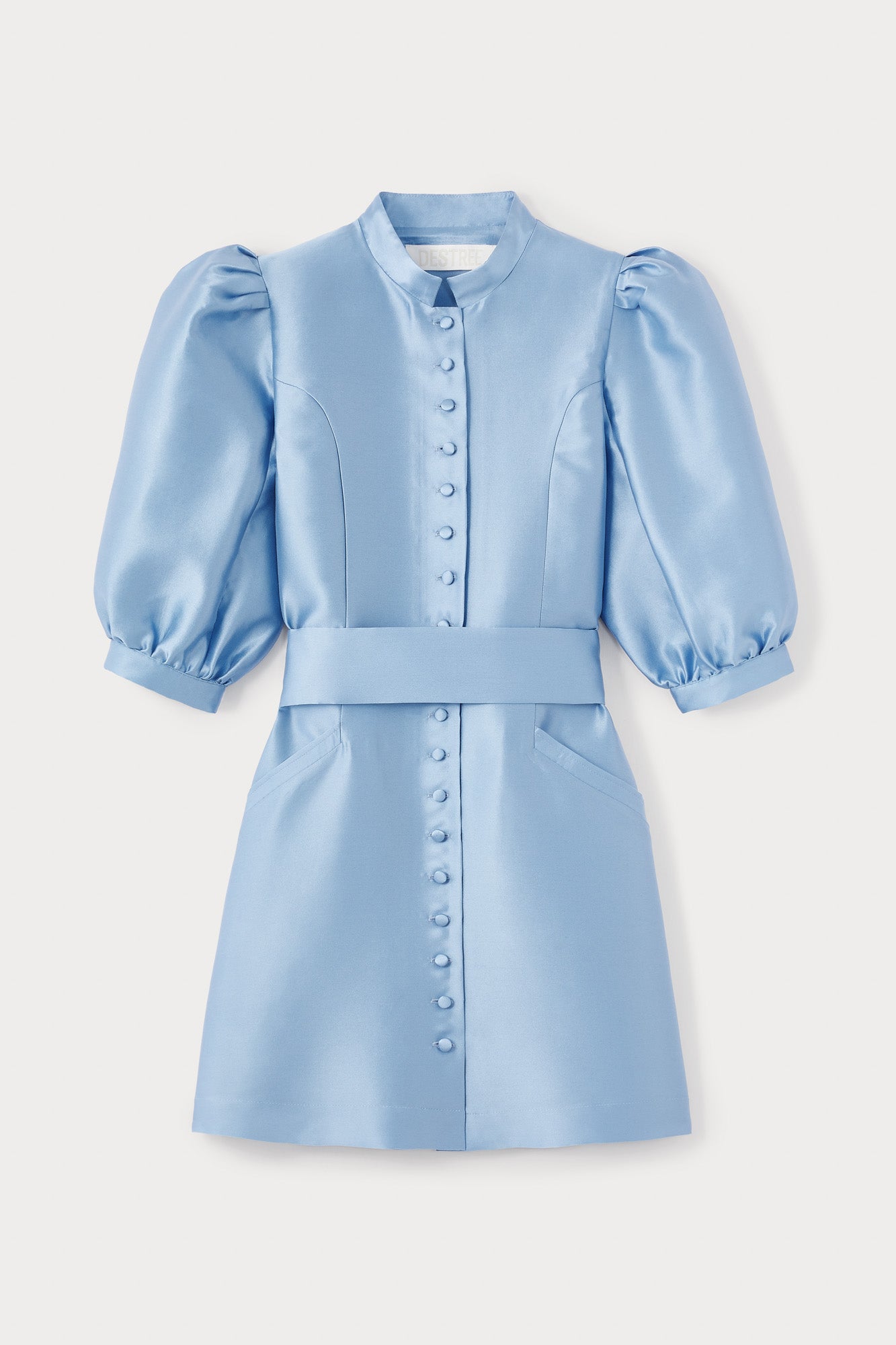 Niagara blue satin puff sleeve short dress