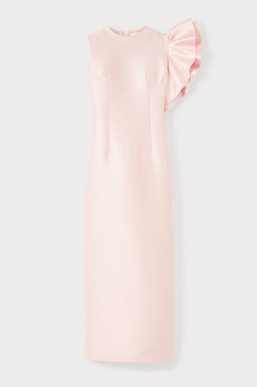 Satin midi dress with asymmetric ruffle detail - Nude
