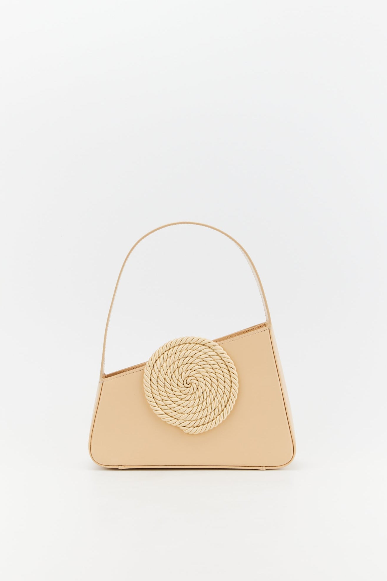 Beige asymmetric mini leather bag with passementerie details