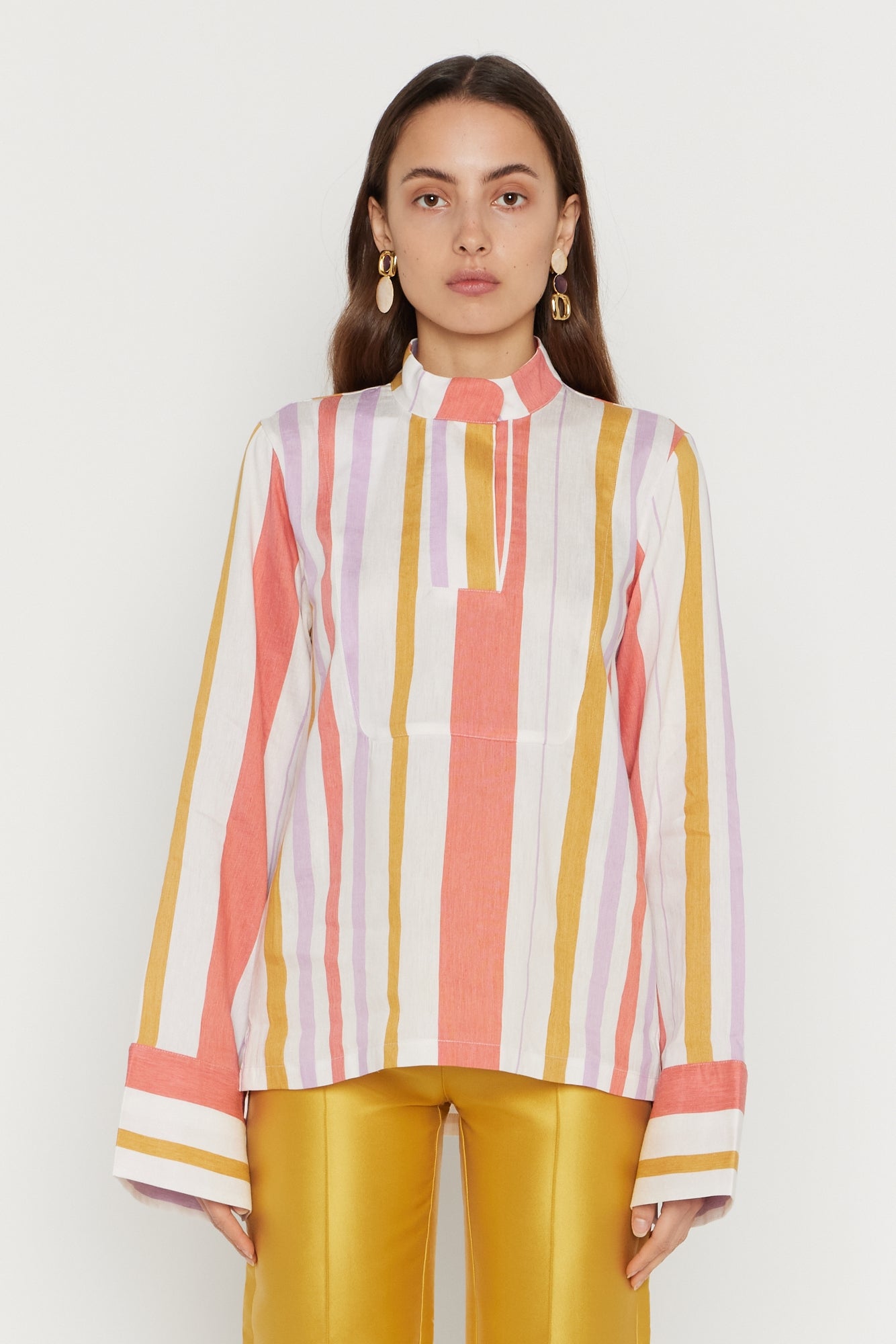 White Shirt with Orange and Lilac Stripes