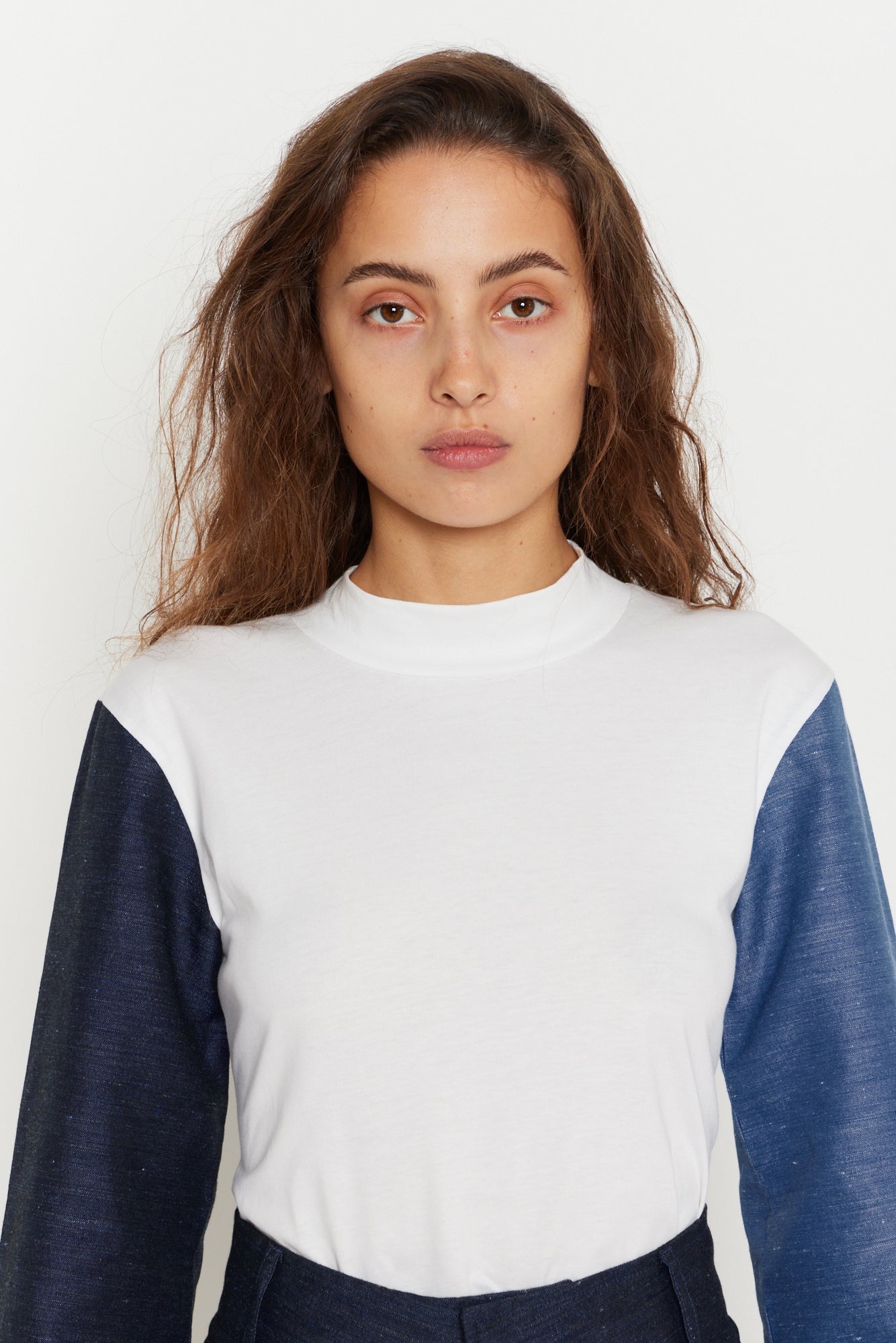White Long-Sleeve Top with Denim Blue Sleeves