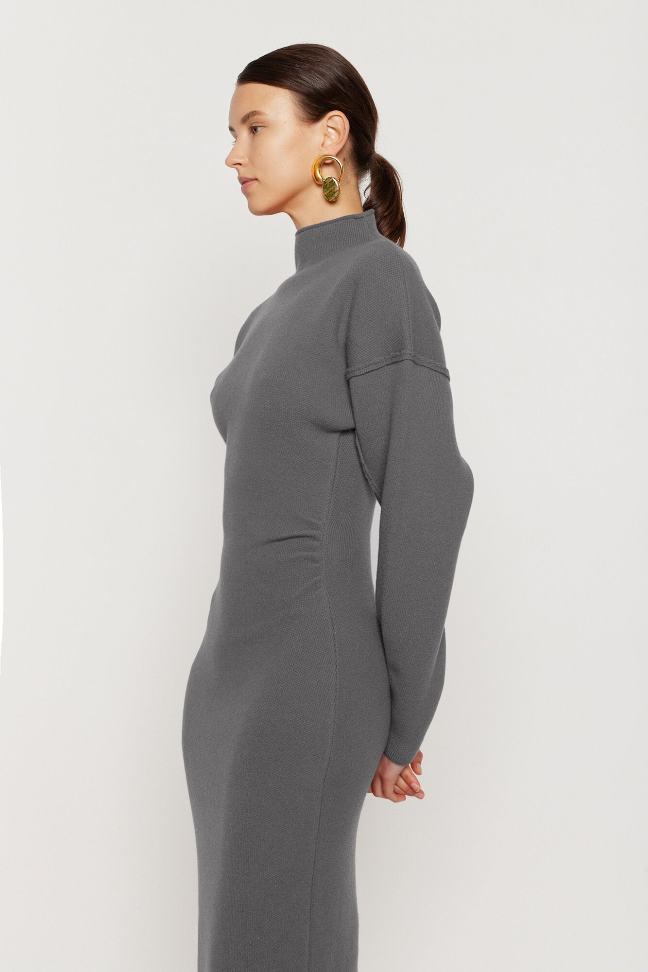 Heather Grey Wool and Cashmere Midi Dress with High Neck