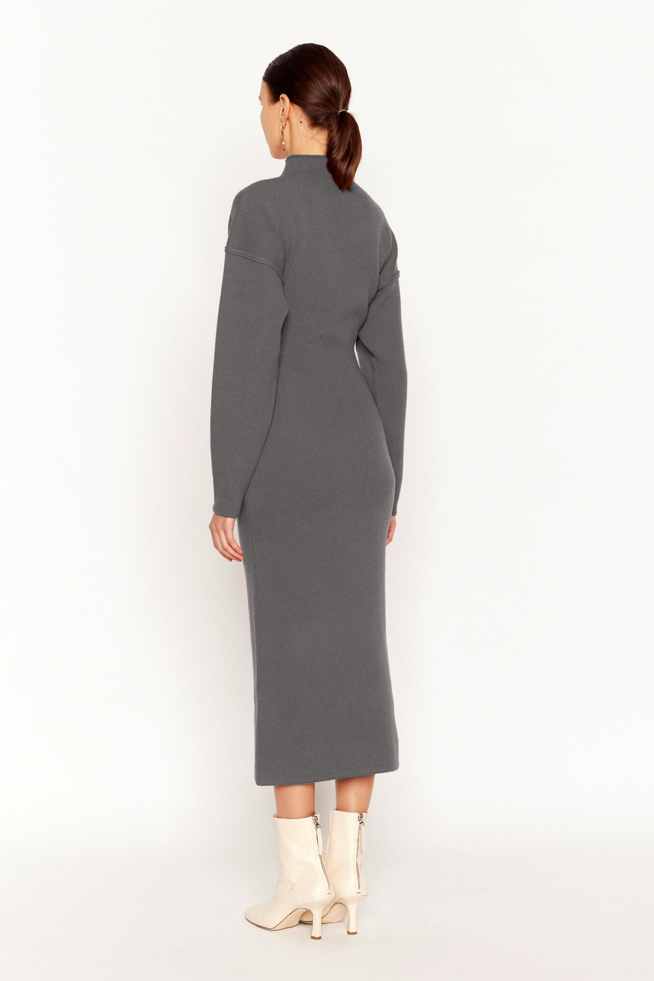 Heather Grey Wool and Cashmere Midi Dress with High Neck